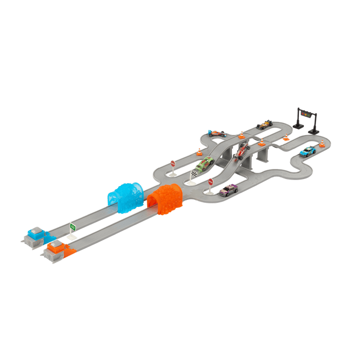 Toy car track with mini vehicles.
