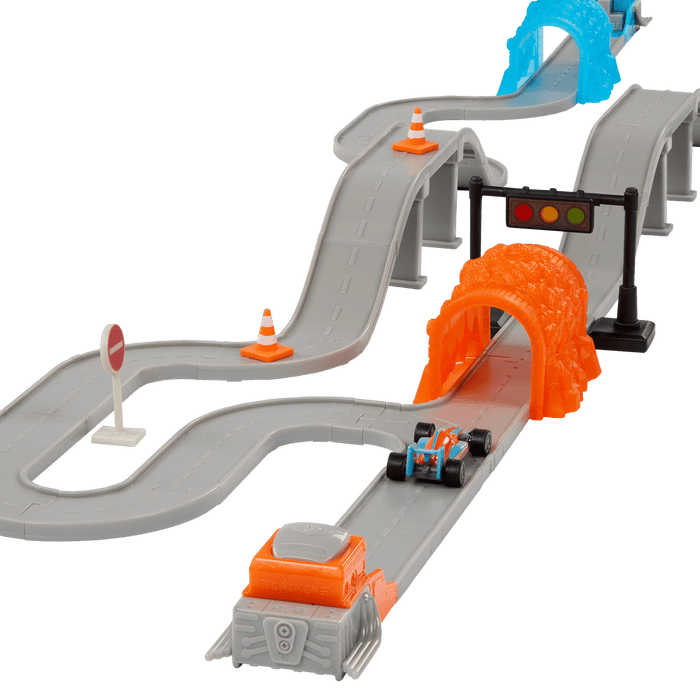 Toy car track with mini vehicles.