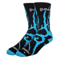 Black and blue patterned socks with visible branding on a white background