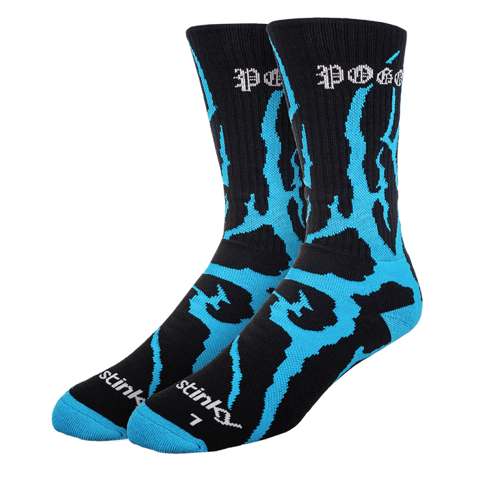Black and blue patterned socks with visible branding on a white background