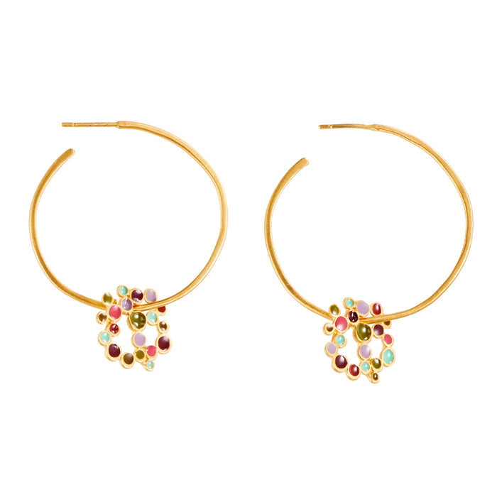 A pair of gold-plated hoop earrings with multicolored enamel dot motifs