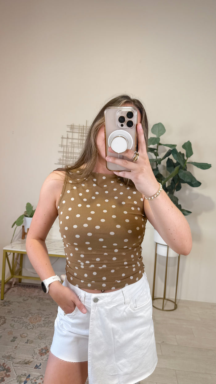 Polka dot boat neck sleeveless mesh top