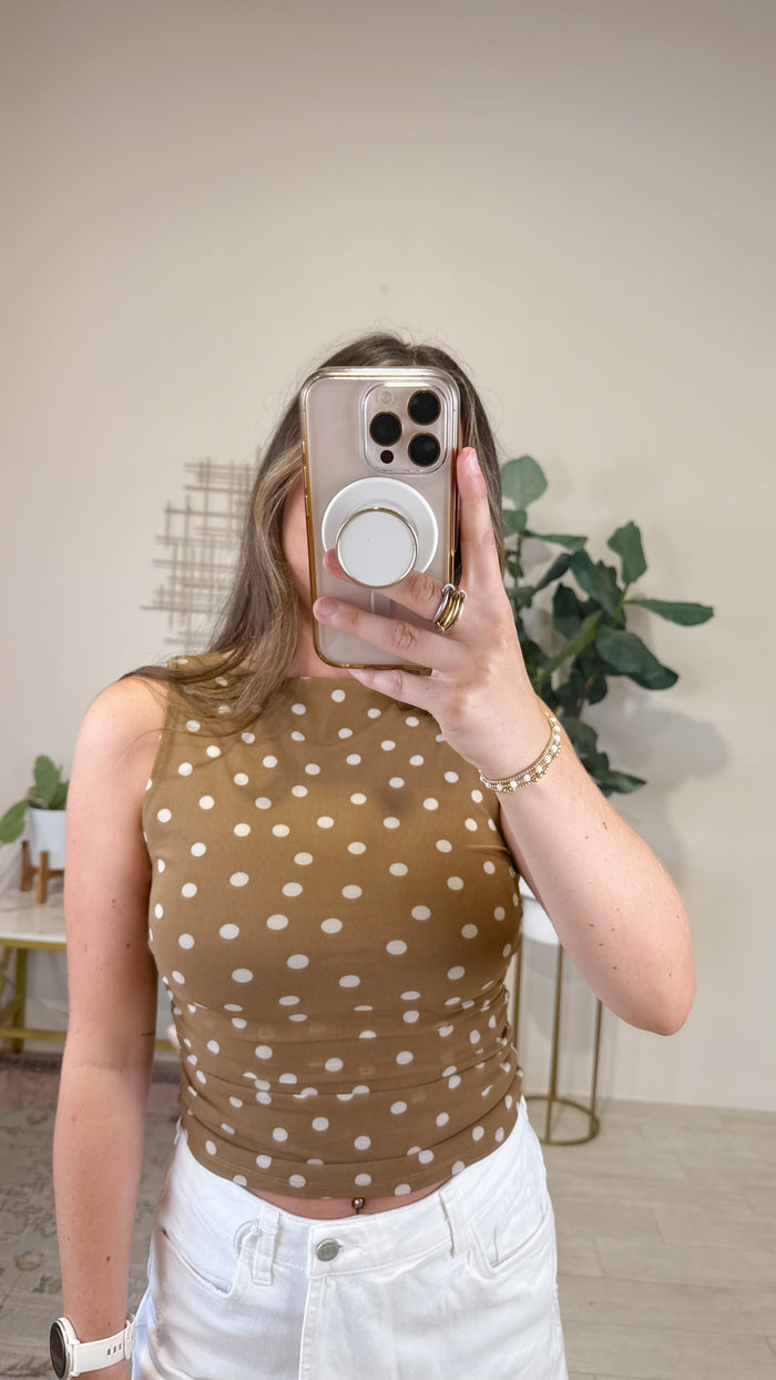 Polka dot boat neck sleeveless mesh top