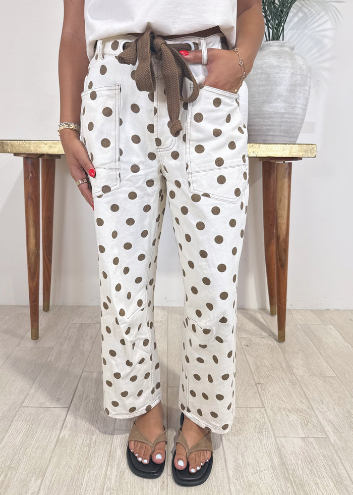 Polka Dot Front Tie Barrel Pants