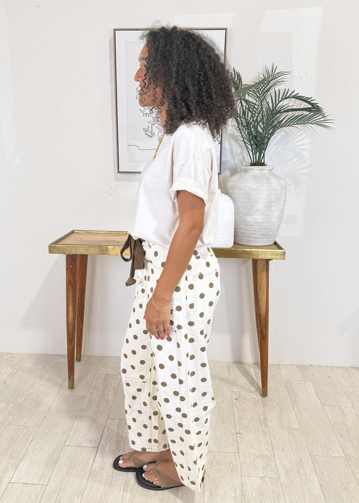 Polka Dot Front Tie Barrel Pants