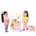 Two 14-inch dolls and chihuahua dog plushie with toy pet shop cart