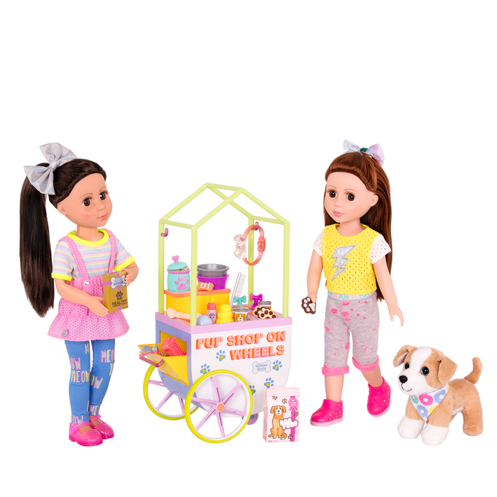 Two 14-inch dolls and chihuahua dog plushie with toy pet shop cart