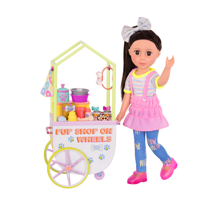 Two 14-inch dolls and chihuahua dog plushie with toy pet shop cart