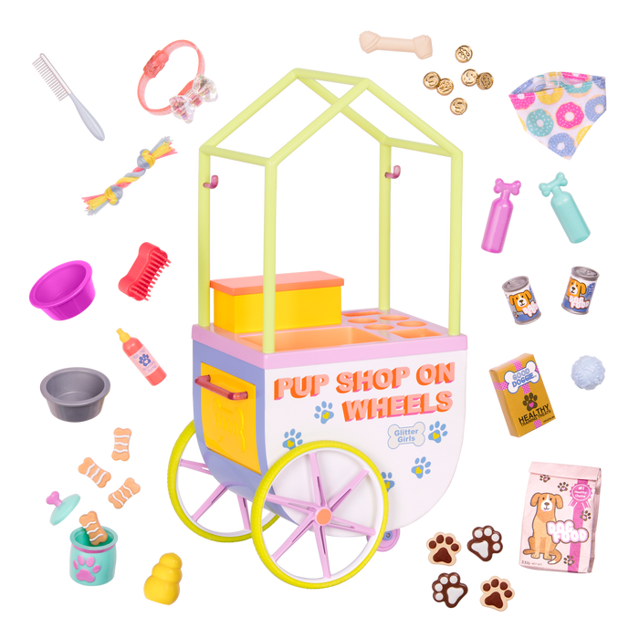 Two 14-inch dolls and chihuahua dog plushie with toy pet shop cart