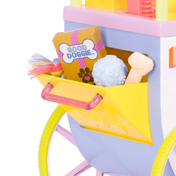 Two 14-inch dolls and chihuahua dog plushie with toy pet shop cart