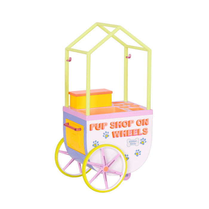 Two 14-inch dolls and chihuahua dog plushie with toy pet shop cart
