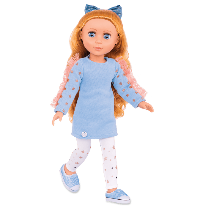 14-inch posable doll with copper hair and blue eyes