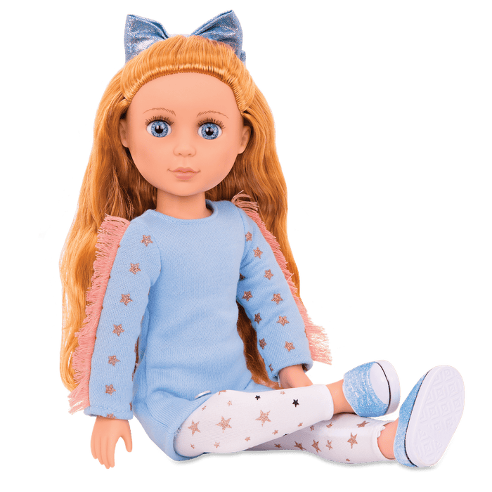 14-inch posable doll with copper hair and blue eyes