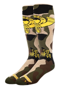 Camouflage socks with yellow logo and text on a white background