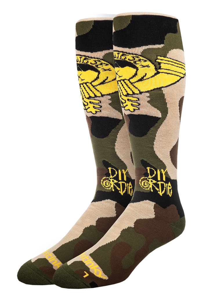 Camouflage socks with yellow logo and text on a white background