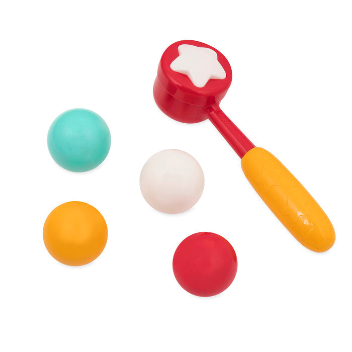 A toy for kids, pound the ball and watch it roll down it's chute.