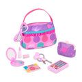 A pink and purple purse set for toddlers and kids, it comes with accessories like a compact mirror, pretend lipstick, coin purse, and more.