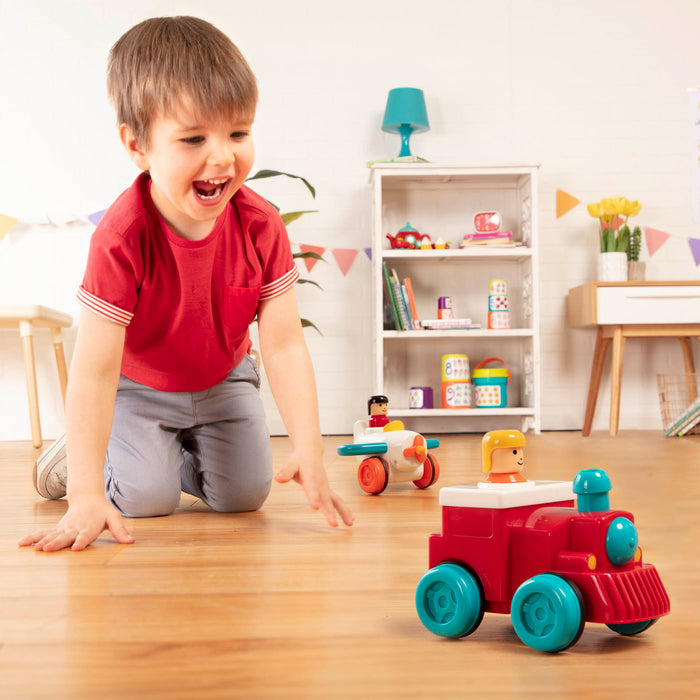 Pump and go toy plane and train with drivers.