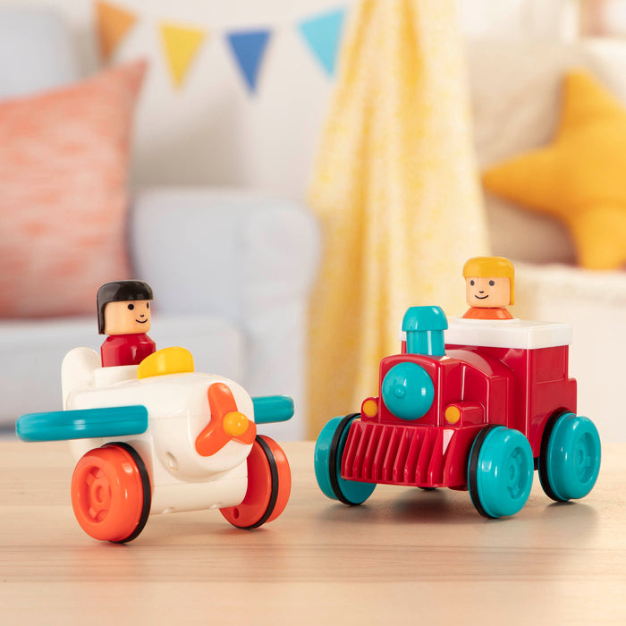 Pump and go toy plane and train with drivers.