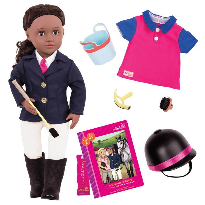 18-inch doll with dark-brown hair, brown eyes, equestrian accessories and storybook