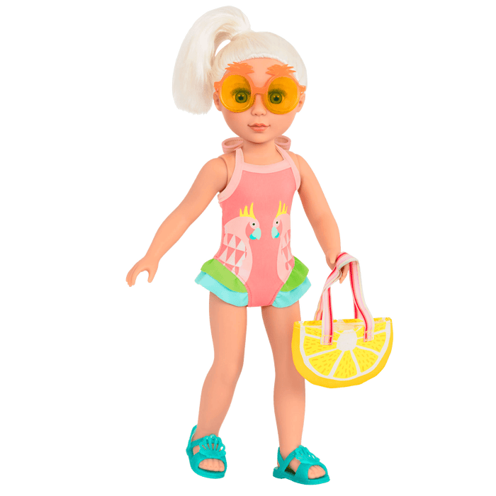 Parrot swimsuit with lemon tote bag for 14-inch doll