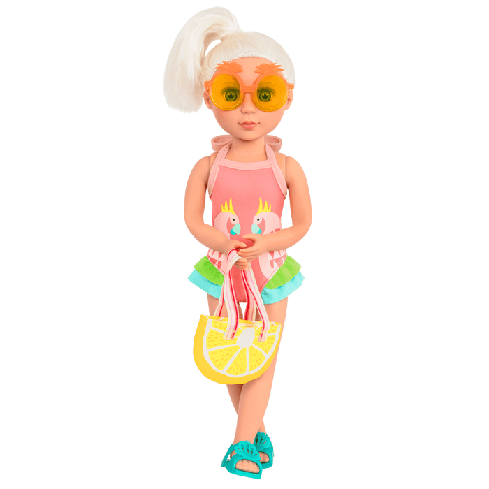 Parrot swimsuit with lemon tote bag for 14-inch doll