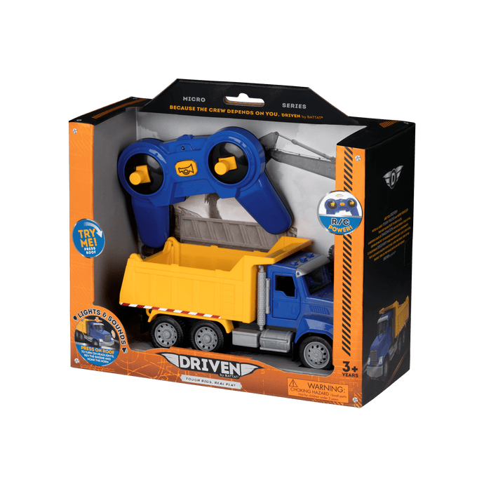 Blue and yellow toy dump truck