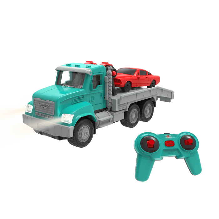 Mint toy tow truck with remote control towing red car
