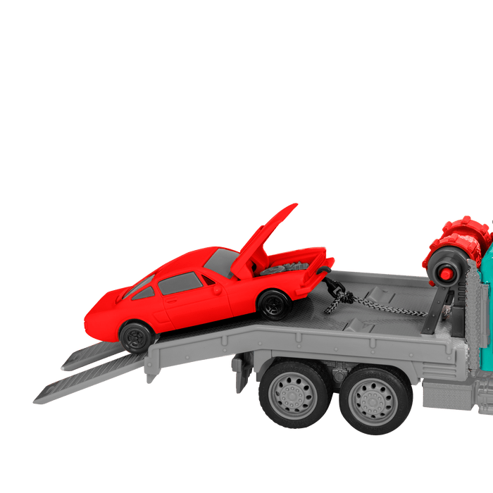 Mint toy tow truck with remote control towing red car