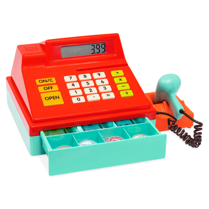 Toy cash register with drawer open and accessories surrounding it.