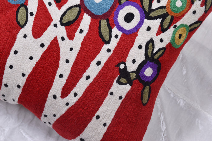 Red Decorative Pillow Cover Spring Tree of Life Karla Gerard Sofa Throw Cushions Hand Embroidered Wool 18x18