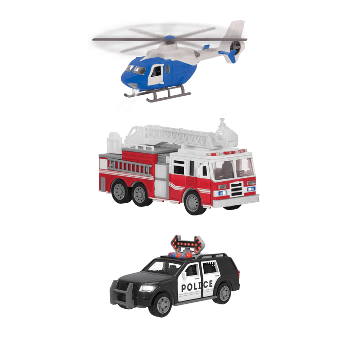 Toy emergency vehicle set.