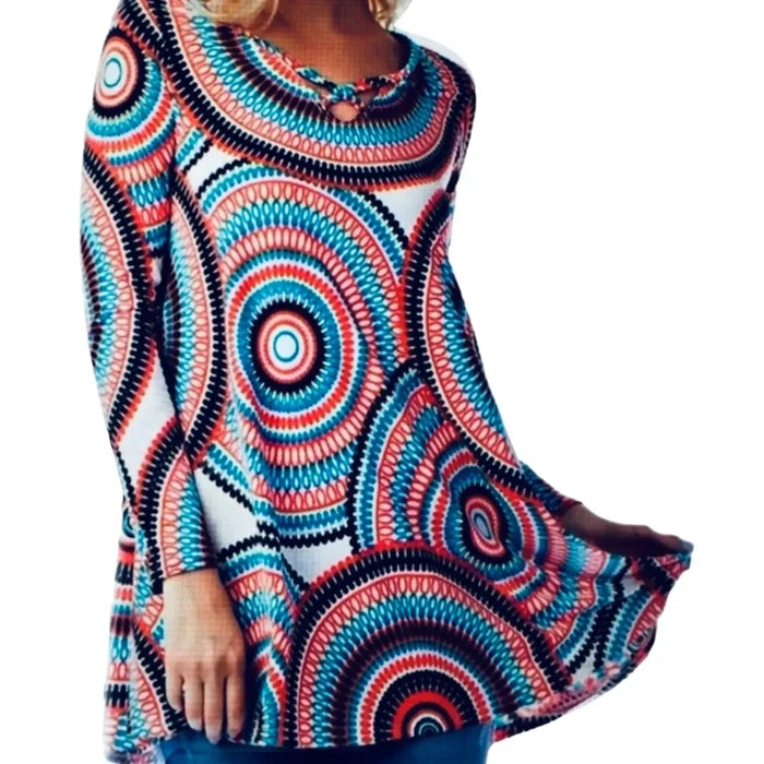 Retro Colorful Medallion Long Sleeve Tunic Top