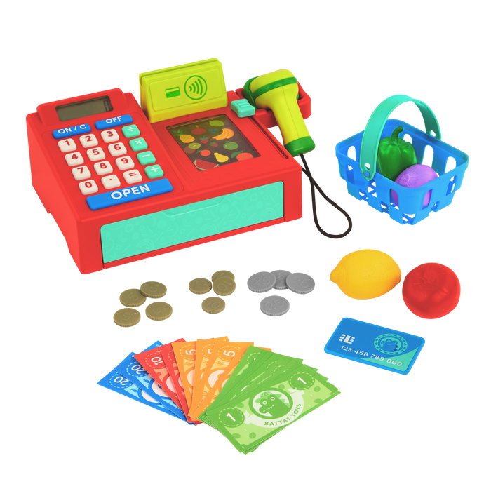 Toy cash register with accessories