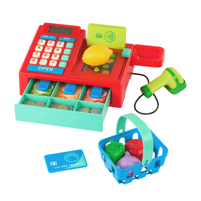 Toy cash register with accessories