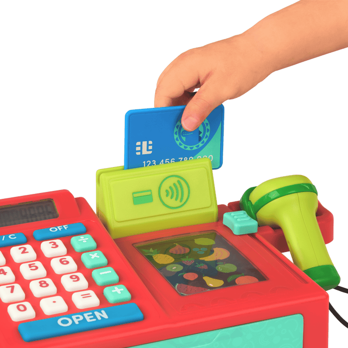 Toy cash register with accessories