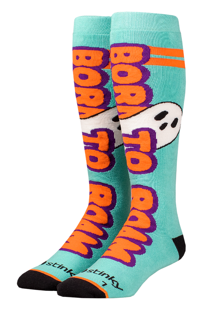 Teal socks with orange and purple text and a ghost design on a white background