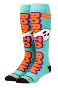 Teal socks with orange and purple text and a ghost design on a white background