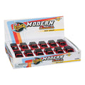 A display box labeled Rollin' 2021 Ford Bronco by Rollin' holds twelve small red and black toy cars. The box features colorful stripes and a choking hazard warning label.
