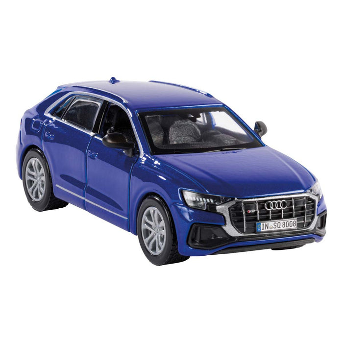 The Rollin' Audi SQ8 is a blue die-cast model car by Rollin', shown from the front left angle with detailed headlights, wheels, and an Audi logo on the grille—a great addition to any collection.