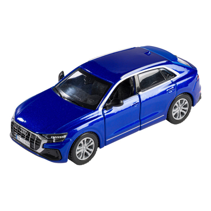 The Rollin' Audi SQ8 die-cast car, by Rollin', is a blue replica of a modern SUV with detailed headlights, black grille, and silver wheels. Shown angled to the right on a white background, it's ideal for any car collection.