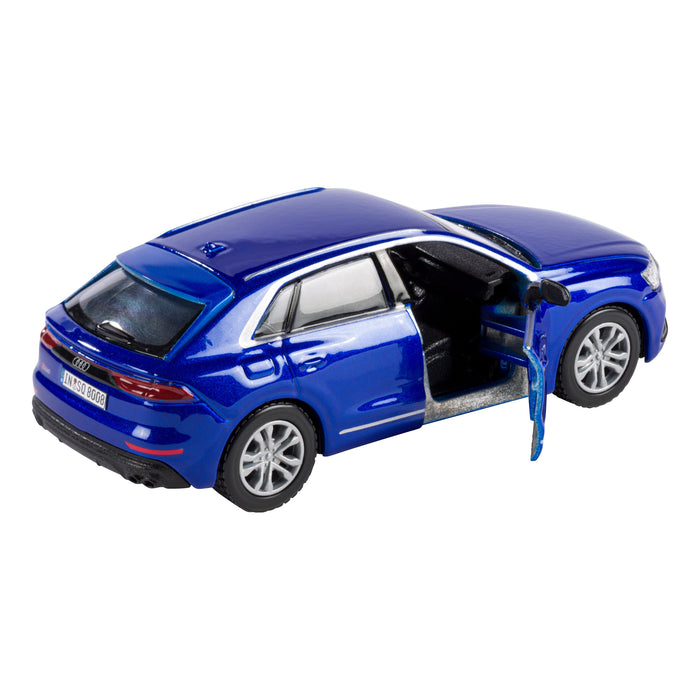 The Rollin' Audi SQ8 die-cast replica SUV by Rollin' features realistic details and an open front driver’s side door, partly revealing the interior. Displayed at an angle on a white background, it’s perfect for any car collection.