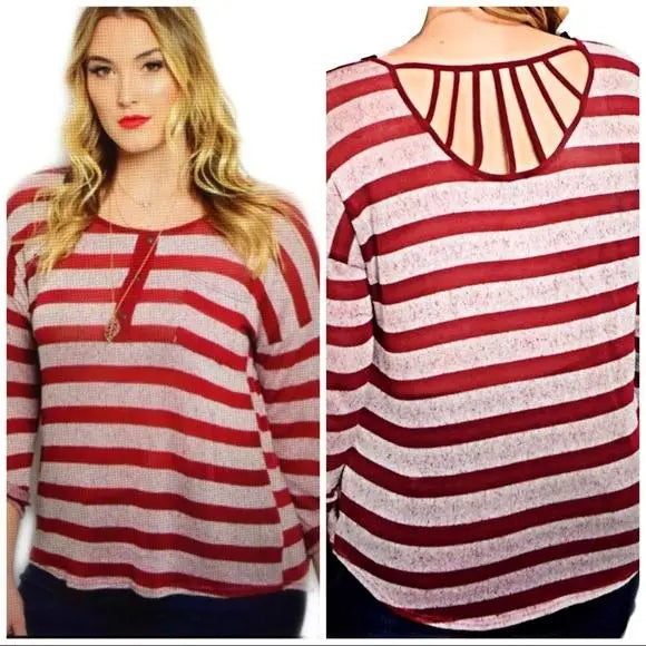 Round Neck Front Chest Pocket Dark Red/White Variegated Stripe Knit fabric long sleeve lattice backside full figure top