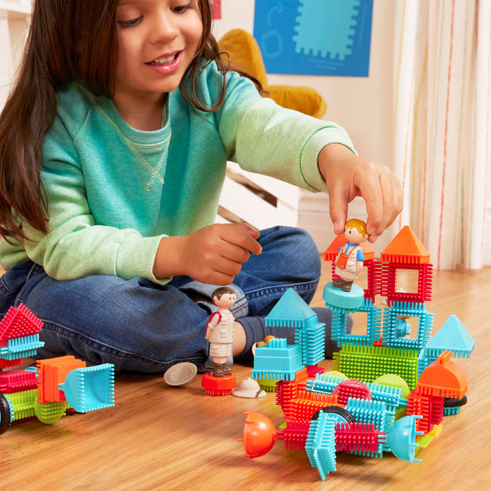Colorful building blocks laid out, so you can see all 85 pieces.