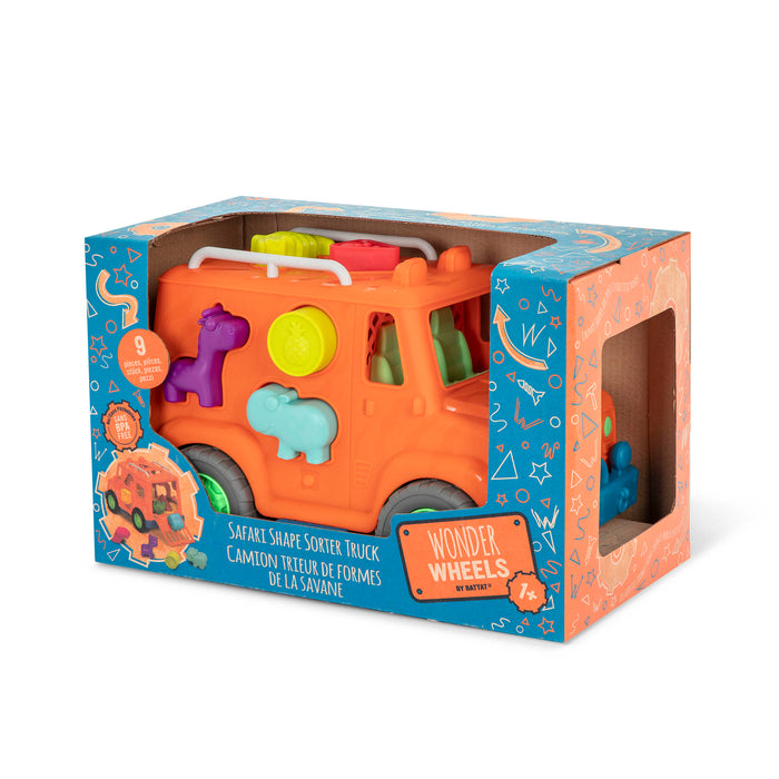 An orange toy truck with shapes to sort.