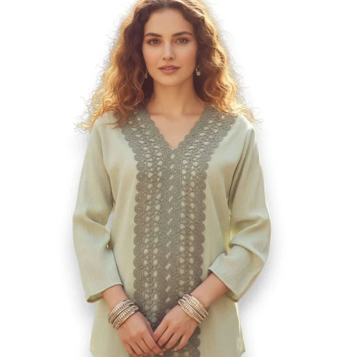 Sage V-Neck Embroidery Panel Tunic Blouse lightweight breathable top