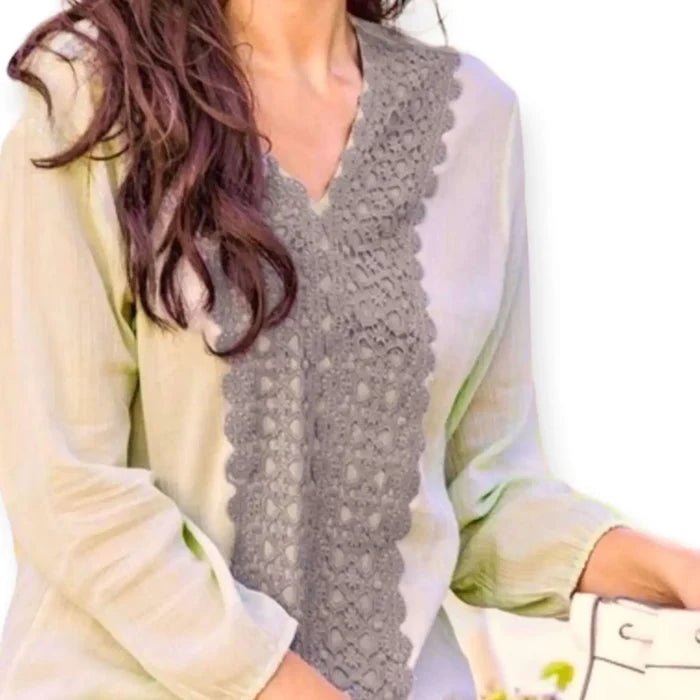 Sage V-Neck Embroidery Panel Tunic Blouse lightweight breathable top
