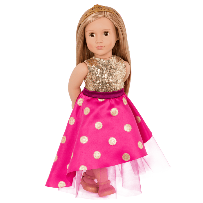 18-inch doll with blonde hair and brown eyes
