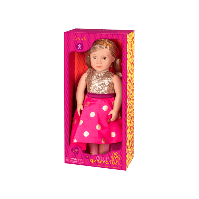18-inch doll with blonde hair and brown eyes