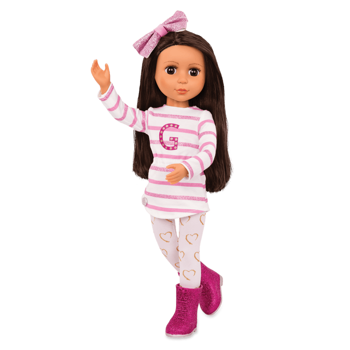14-inch posable doll with dark brown hair and brown eyes